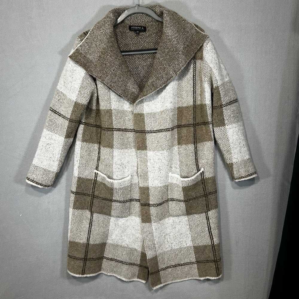 Joseph A Cardigan Womens XS Window Pane Brown Beige Plaid Pockets Earthy Boho